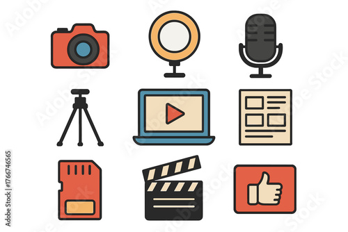 Colorful flat icons for video production and digital content creation tools