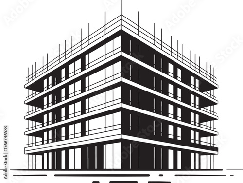 building under construction Modern scaffolding and framework visible line art royalty free premium quality