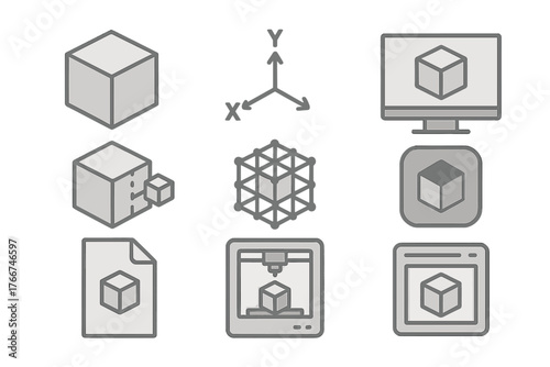 Monochromatic icons set for three dimensional modeling and additive manufacturing concepts