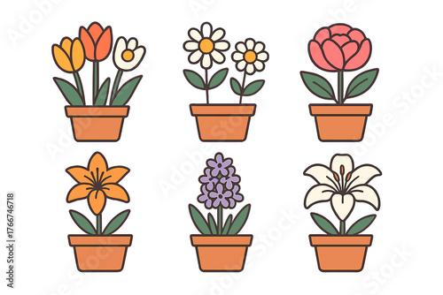 Six potted spring flowers in simple outline style for decoration