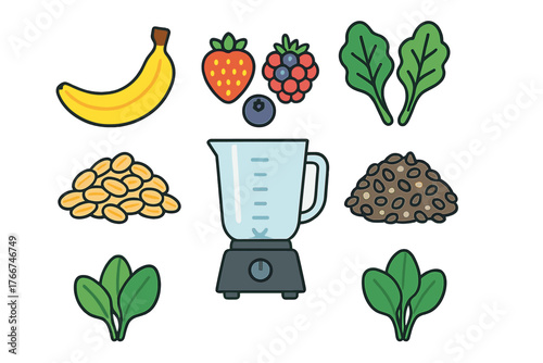 Colorful icons representing fresh ingredients for healthy smoothie preparation