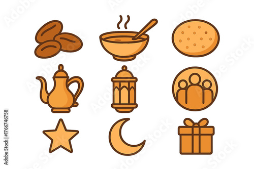 Orange and brown religious holiday icons for Iftar or Ramadan celebration