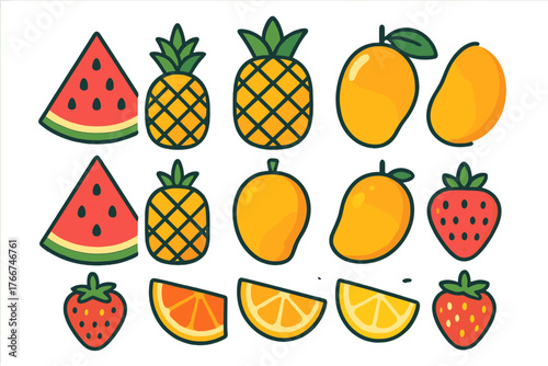 Cute tropical and citrus fruit icons featuring watermelon, pineapple, mango, and orange slices