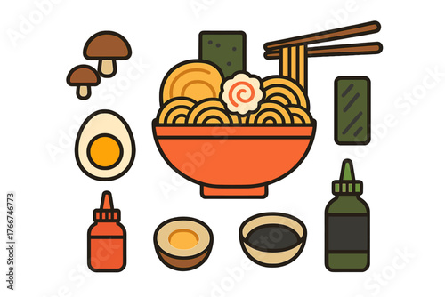 Japanese ramen noodle soup ingredients and condiments flat icon set