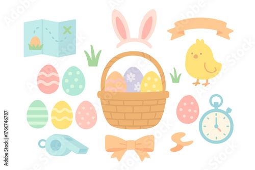 Easter egg hunt game elements with basket chick and map icons