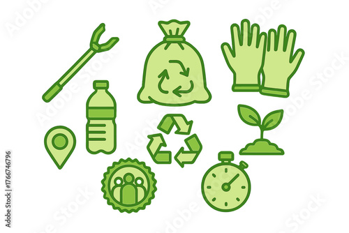 Green icons set for environmental cleanup and recycling activities
