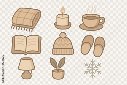 Muted brown tone icons set representing cozy indoor winter comfort and relaxation