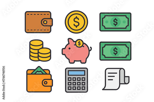 Colorful icons for finance management featuring wallet coins and piggy bank symbols
