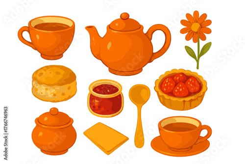 Orange ceramic tea set with scones and baked desserts for afternoon service