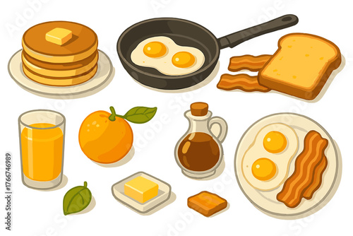 Classic American breakfast food assortment with pancakes, eggs, and bacon