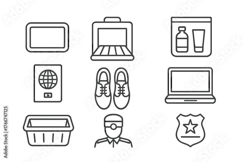 Set of thin line icons for airport security screening and travel inspection