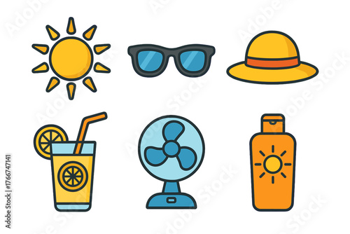 Essential summer vacation icons featuring sun, beverage, and headwear