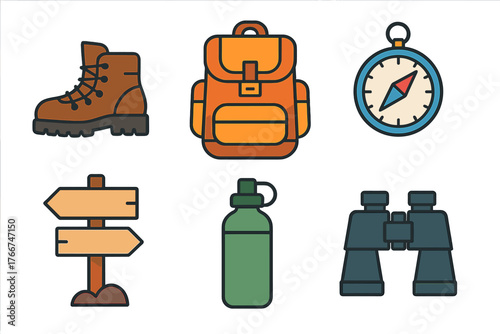 Set of essential hiking and camping equipment icons for outdoor adventure