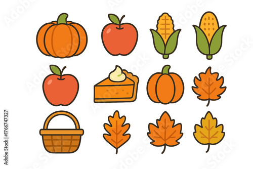 Set of colorful icons representing autumn harvest food and nature elements