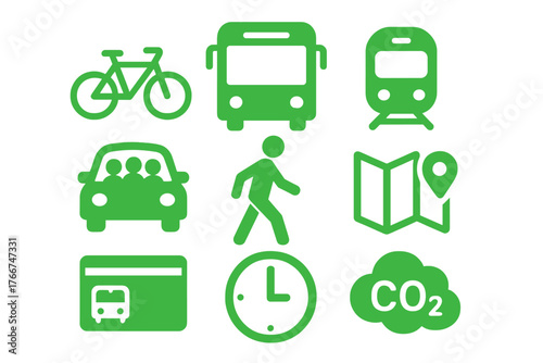 Green icons for sustainable urban mobility and transportation planning concepts