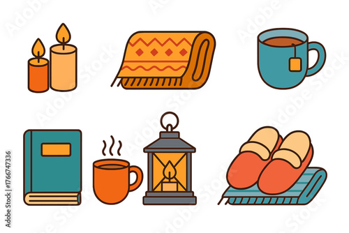 Set of cozy winter relaxation icons featuring candles, tea, and warm blanket