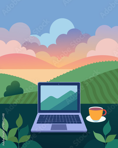 As the mist rises from the tea fields a laptop emerges embracing the peacefulness of the morning.. Vector illustration