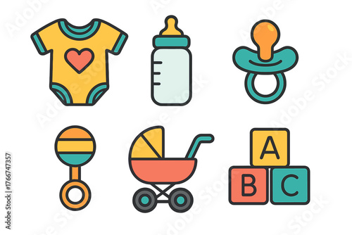 Colorful icons for baby care items and infant toys