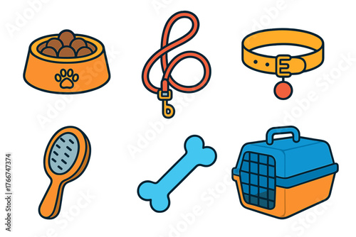 Colorful icons representing essential dog care supplies and accessories