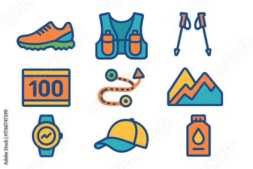 Set of trail running and hiking equipment icons for outdoor sports activities
