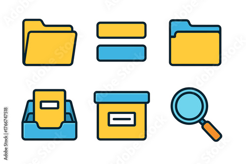 Set of colorful document and search interface icons for data management
