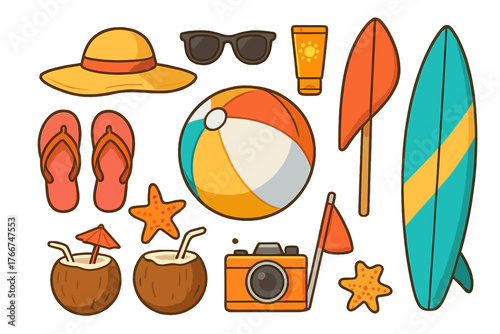 Colorful icons representing summer vacation and various beach activities