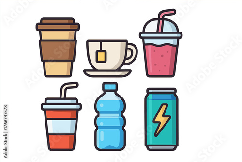 Set of popular beverage icons: coffee, tea, smoothie, soda, water, and energy drink