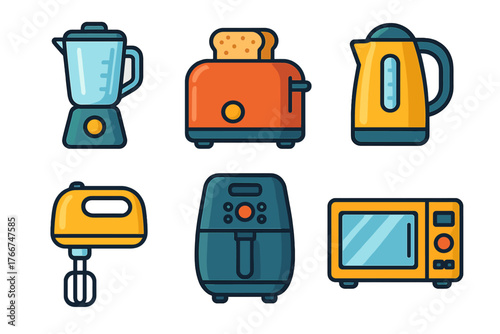 Set of six colorful kitchen small appliances icons including blender and toaster