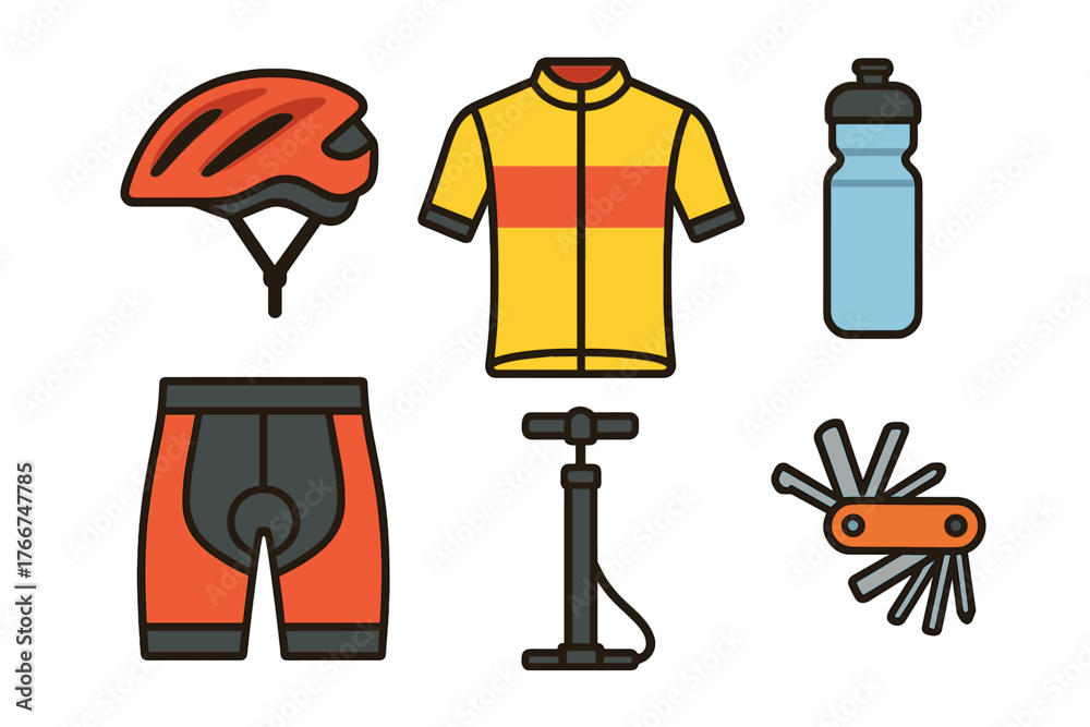 Fototapeta premium Set of essential bicycle maintenance tools and cycling apparel icons