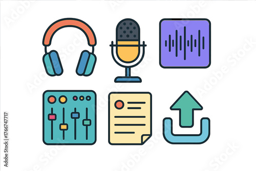 Colorful icons representing podcasting and audio production equipment