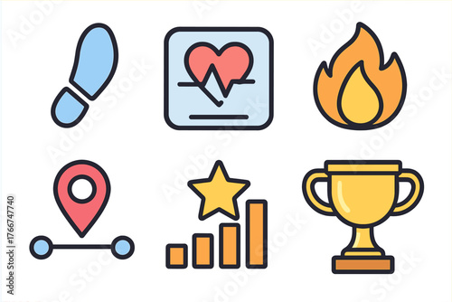 Set of fitness tracking icons including heart rate map footprint and achievement trophy