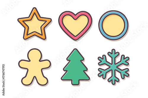 Six assorted colorful cookie cutter shapes for winter holidays
