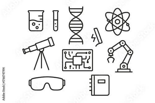 Set of black line icons for science technology and research equipment