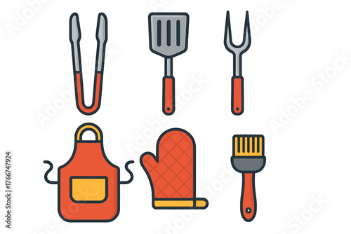 Colorful barbecue cooking utensils and apron icons set