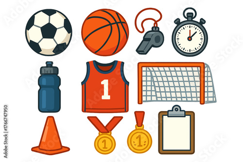 Set of essential sports equipment and coaching accessories icons