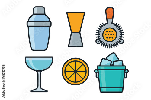 Colorful flat icons for cocktail making tools and beverage ingredients