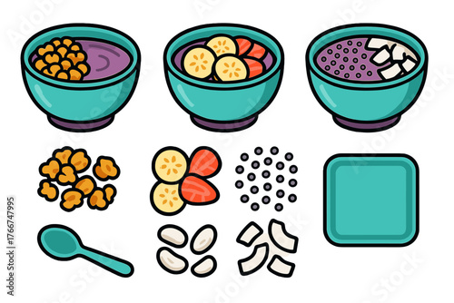 Colorful smoothie bowls with fresh fruit toppings and ingredients