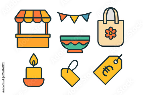 Market stall icons featuring candle, price tag, and shopping bag