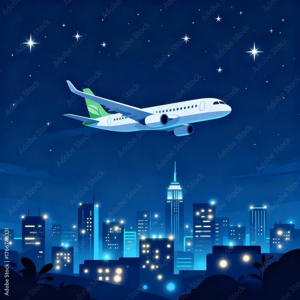 Naklejka premium Eco-Friendly Airplane Flying Over City at Night Vector Illustration