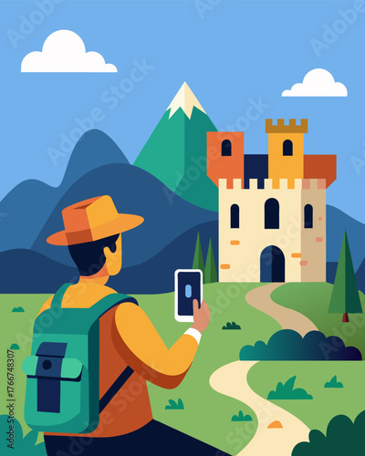 A traveler takes a break from their journey to explore the ancient ruins of a nearby castle pausing to post photos and videos of their discoveries on their digital channels.. Vector illustration