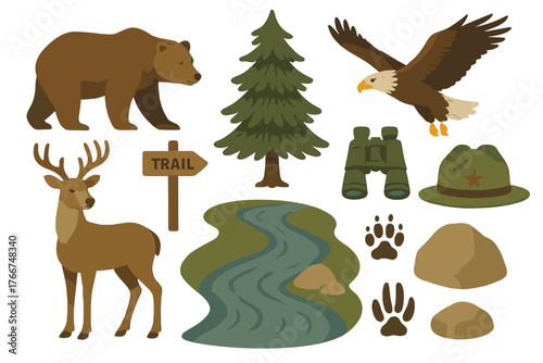 Rustic woodland and wilderness adventure icons set