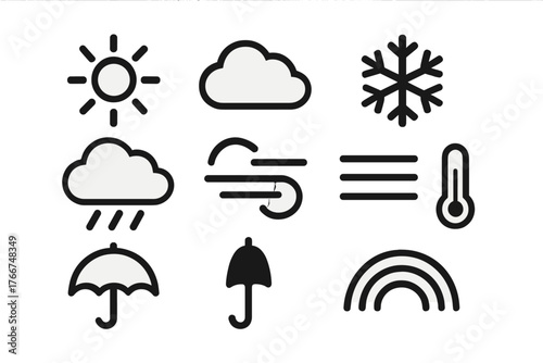 Simple weather forecast icons for sun, clouds, rain, snow, wind, and temperature