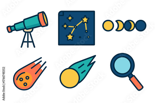 Astronomy icons set with telescope constellation moon phases and meteorites