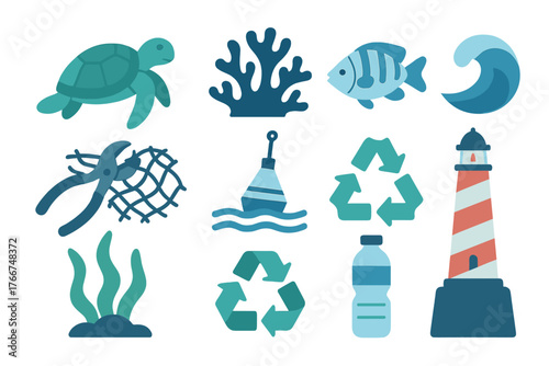 Marine ecosystem icons featuring sea turtle, pollution, and cleanup tools