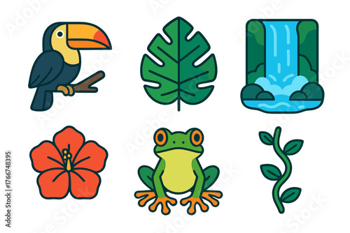 Vibrant tropical rainforest icons featuring toucan frog waterfall and lush foliage