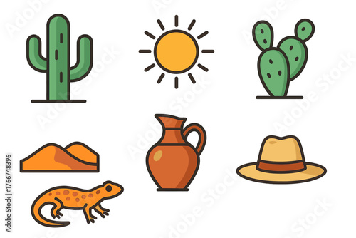 Stylized icons representing arid desert landscape elements and wildlife