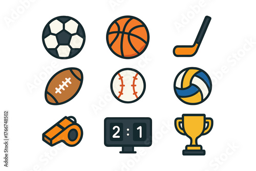 Nine colorful icons representing various sports equipment and game symbols