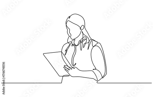 Continuous one line drawing of Female medical staff taking a note vector illustration. Isolated on transparent background