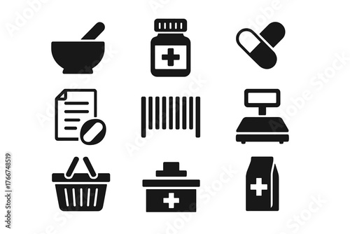 Pharmacy and medical supplies icon set with mortar pestle capsule bottle and scale