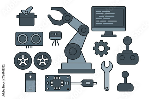 Collection of robotics and engineering components featuring mechanical arm and electronics